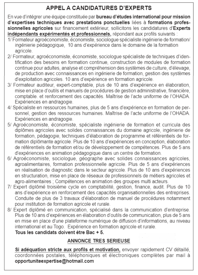 Recrutement de 01 Experts indépendants expérimentés et professionnels